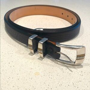 Belts.com - Black Leather Belt with Silver & Gold Buckle details. BHYY